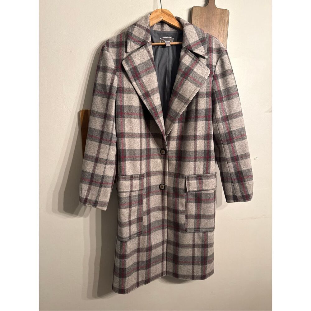 Chelsea28 Gray Wool Blend Windowpane Plaid Double Breasted Long Coat Size Small